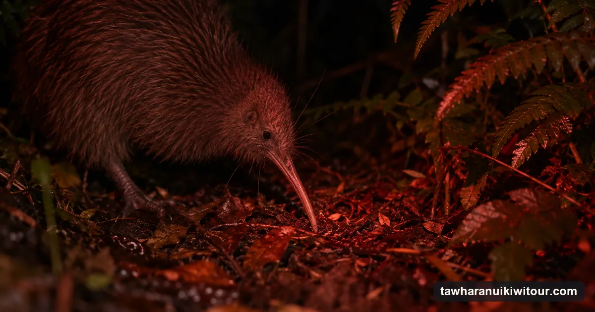A kiwi's long beak probing leaf litter at night in New Zealand bush