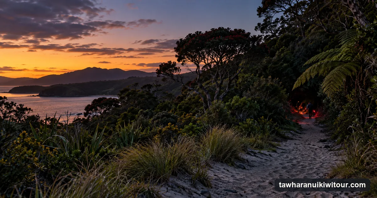A sandy track leading into native bush at dusk on the coast north of Auckland