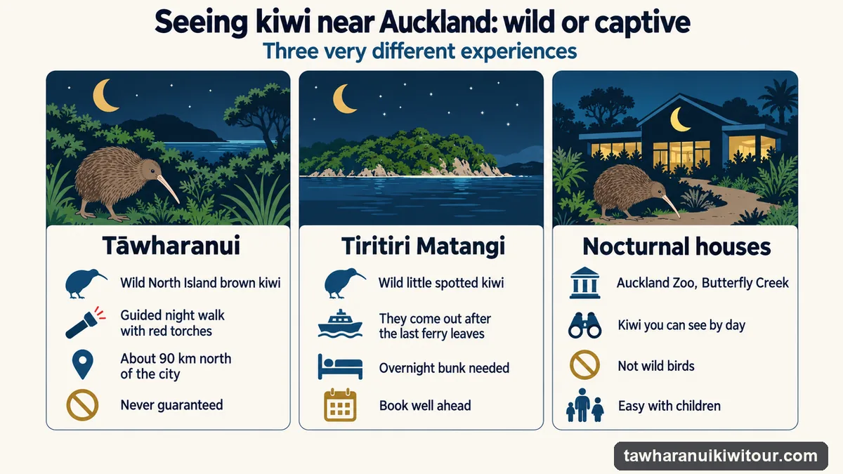 Comparison chart of kiwi near Auckland: wild brown kiwi on guided night walks at Tawharanui, wild little spotted kiwi on Tiritiri Matangi only with an overnight stay, and captive kiwi by day in the nocturnal houses at Auckland Zoo and Butterfly Creek