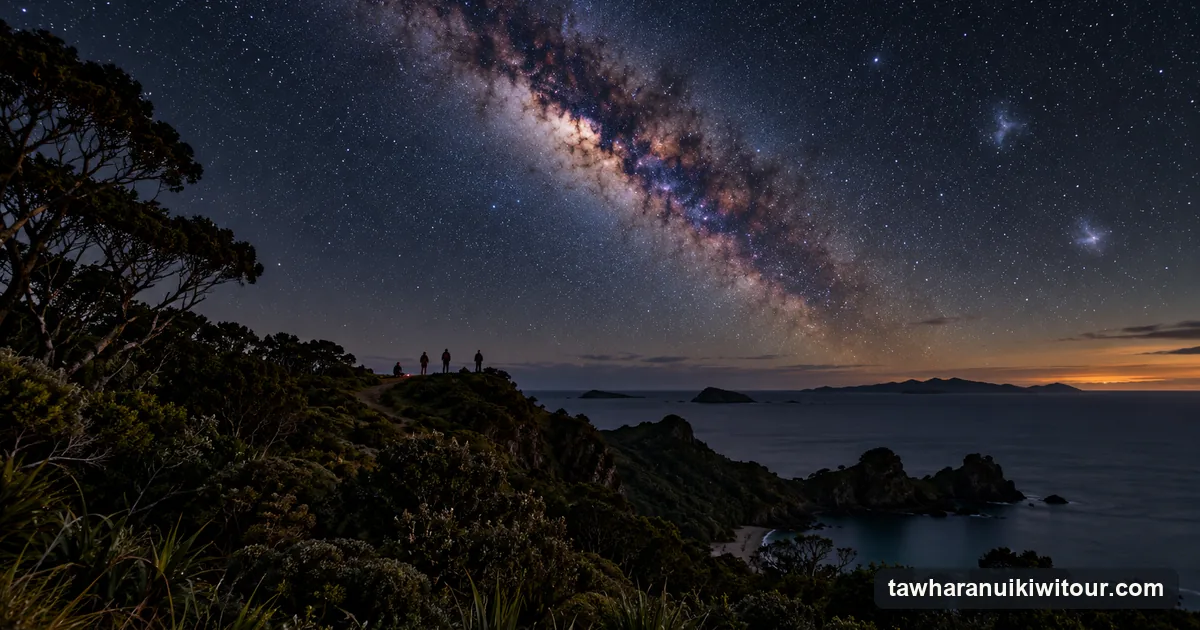 The Milky Way over a dark coastal headland and native bush in New Zealand