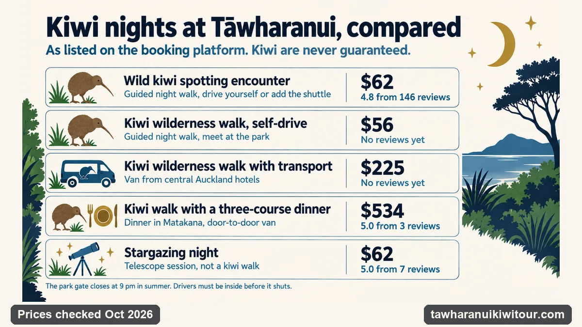 Infographic comparing kiwi nights at Tawharanui: the wild kiwi spotting encounter at $62, a self-drive kiwi wilderness walk at $56, the same walk with transport at $225, a kiwi walk with dinner in Matakana at $534, and a $62 stargazing night that is not a kiwi walk