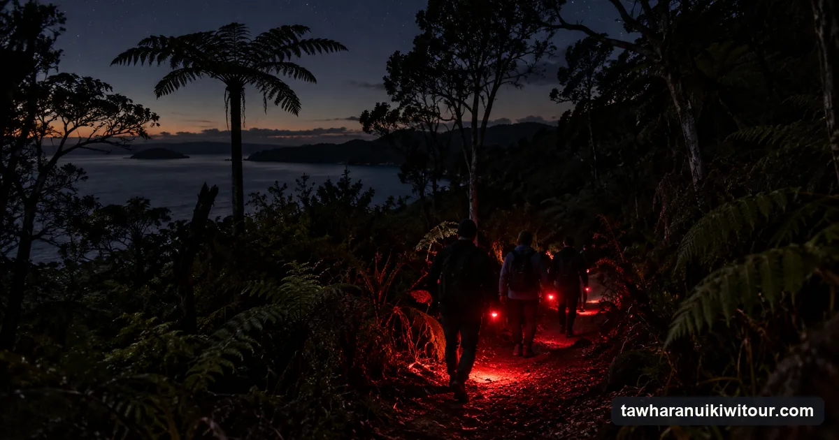 Walkers with red torches on a dark bush track at night north of Auckland