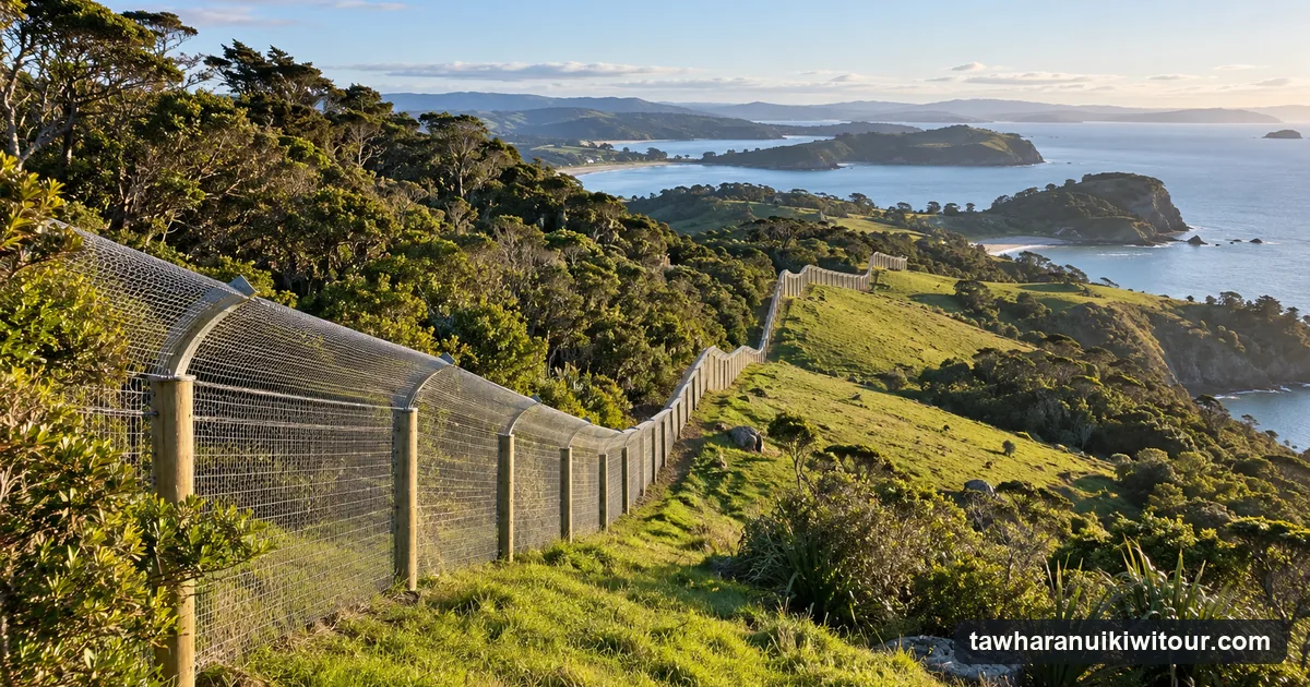 A pest-proof fence crossing coastal pasture and native bush on a peninsula north of Auckland