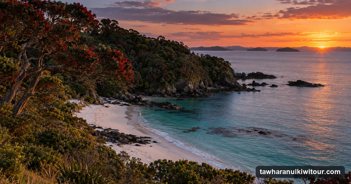 A white-sand beach and green headland on a peninsula north of Auckland at dusk